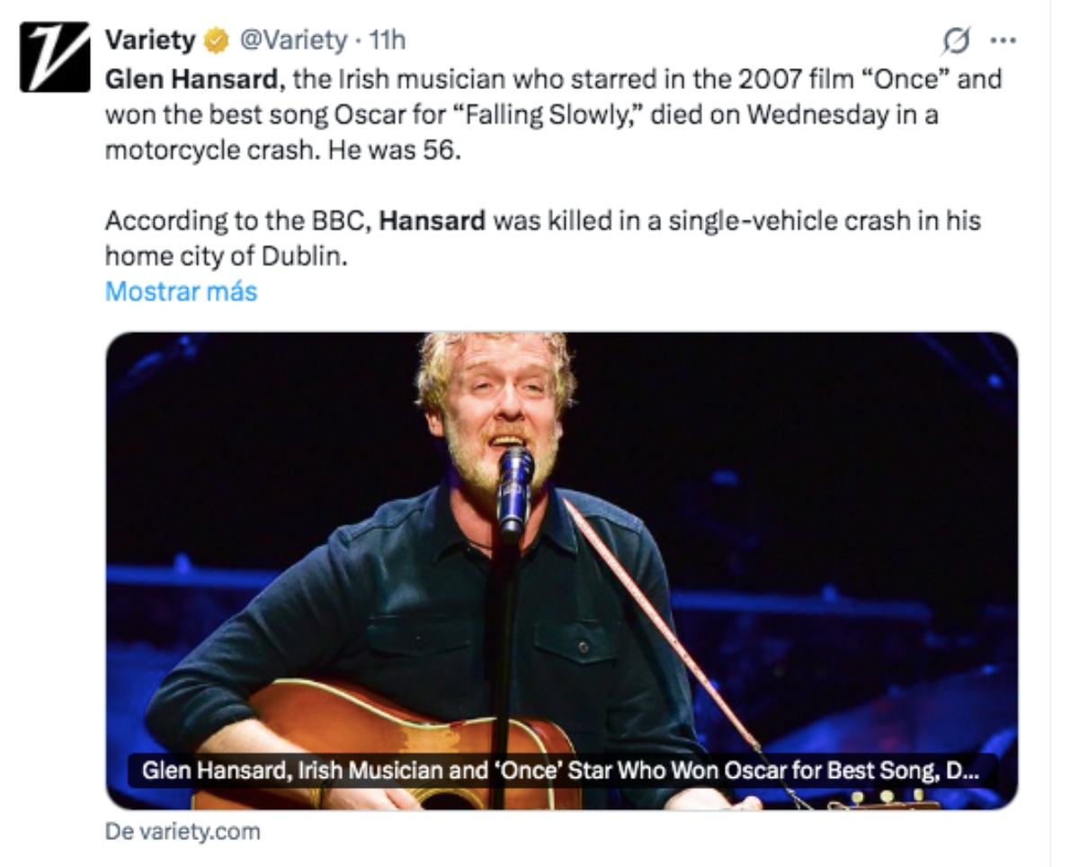 Muere a los 56 años en un accidente de motocicleta, el cantante Glen Hansard