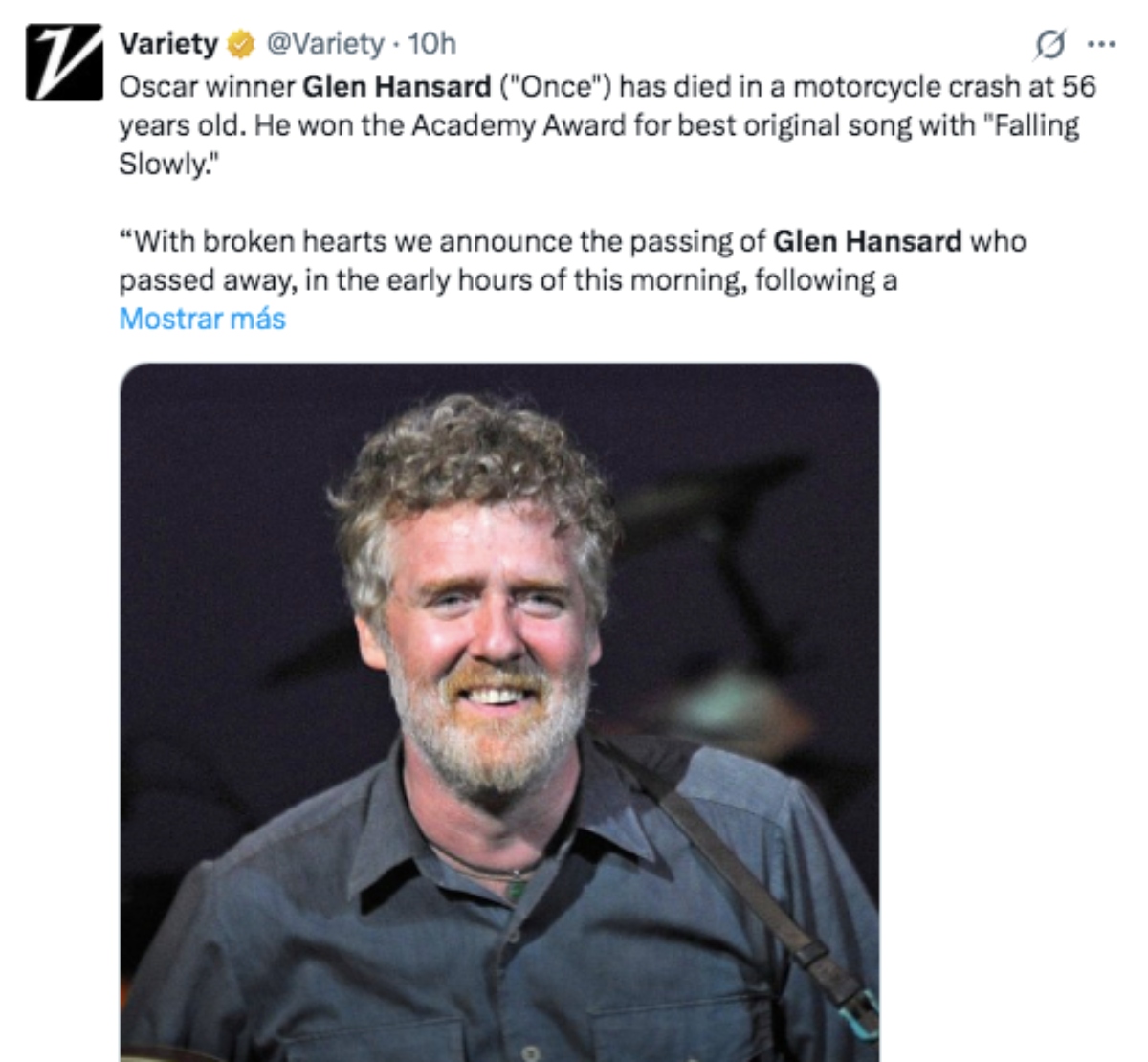 Muere a los 56 años en un accidente de motocicleta, el cantante Glen Hansard