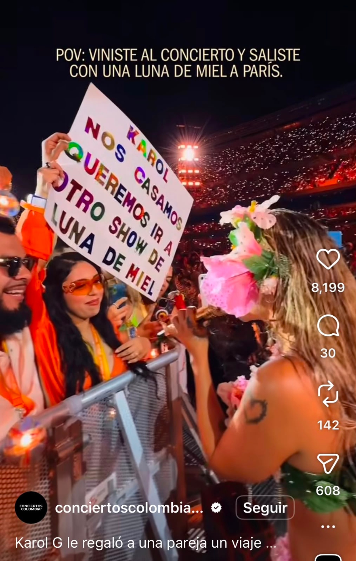 Karol G regala luna de miel a pareja que asistió a su concierto