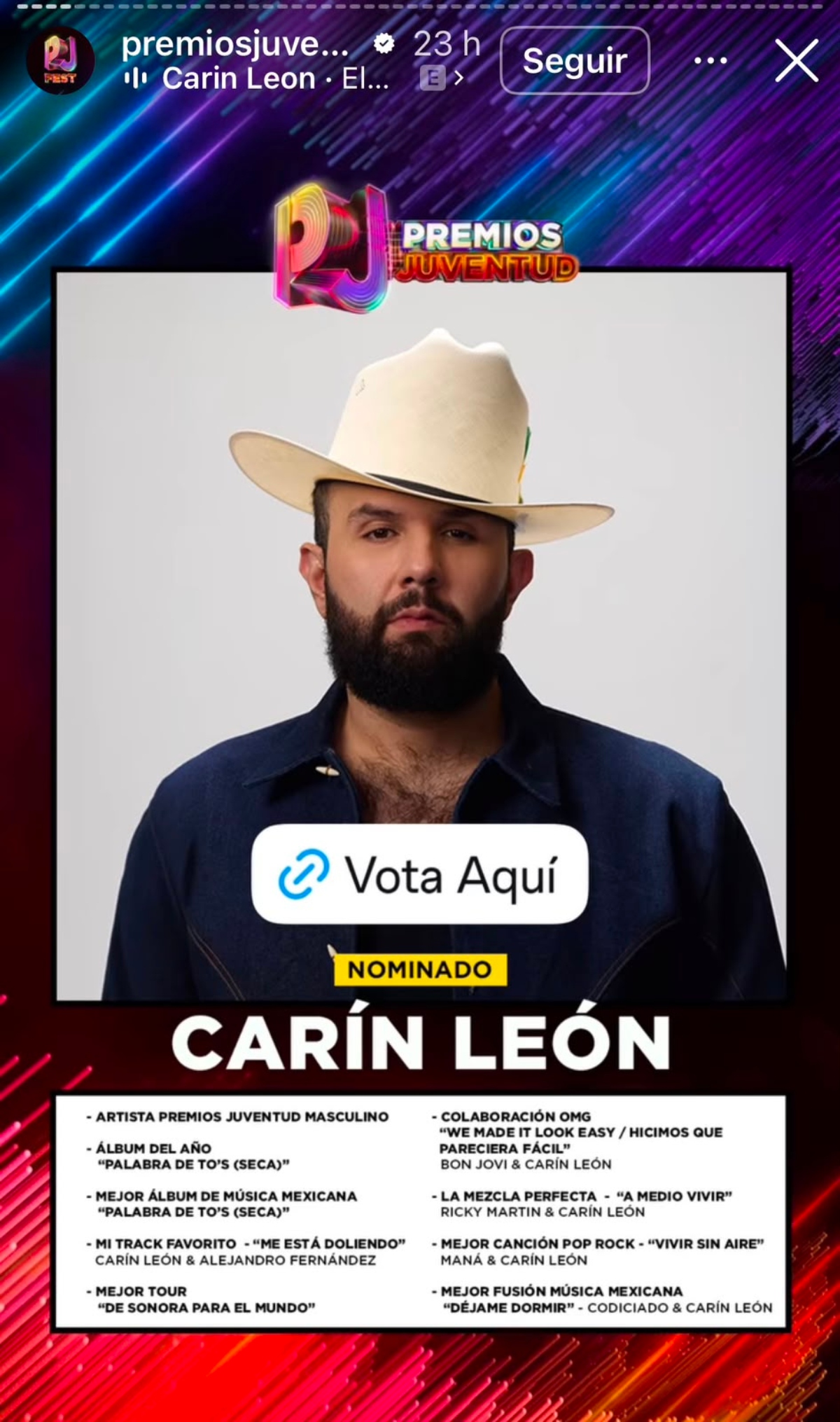 Carín León encabeza nominaciones a los 'Premios Juventud' 2026