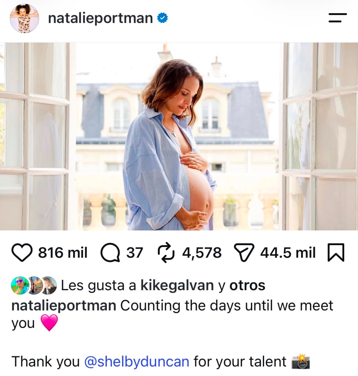 Natalie Portman comparte foto de su avanzado embarazo