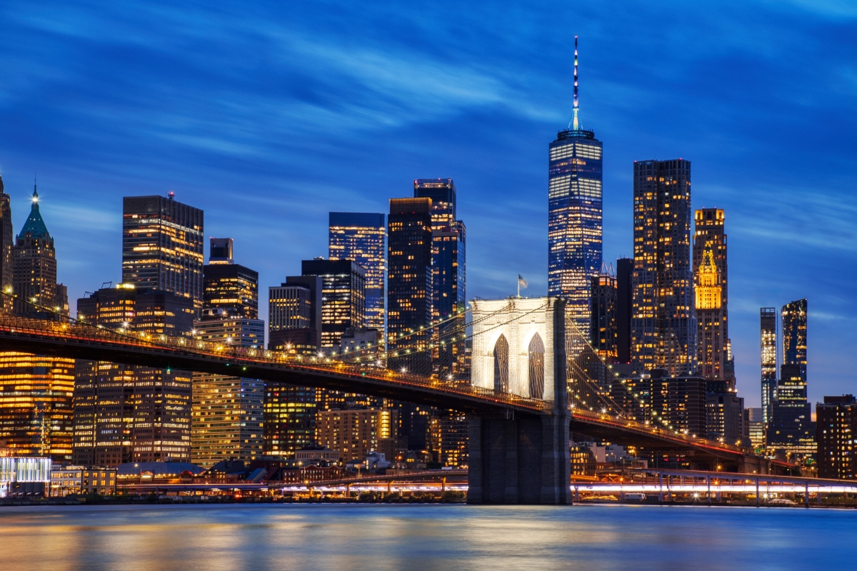 Nueva York, puente de Brooklyn, One Tower, Nueva York de noche, Nueva Onda