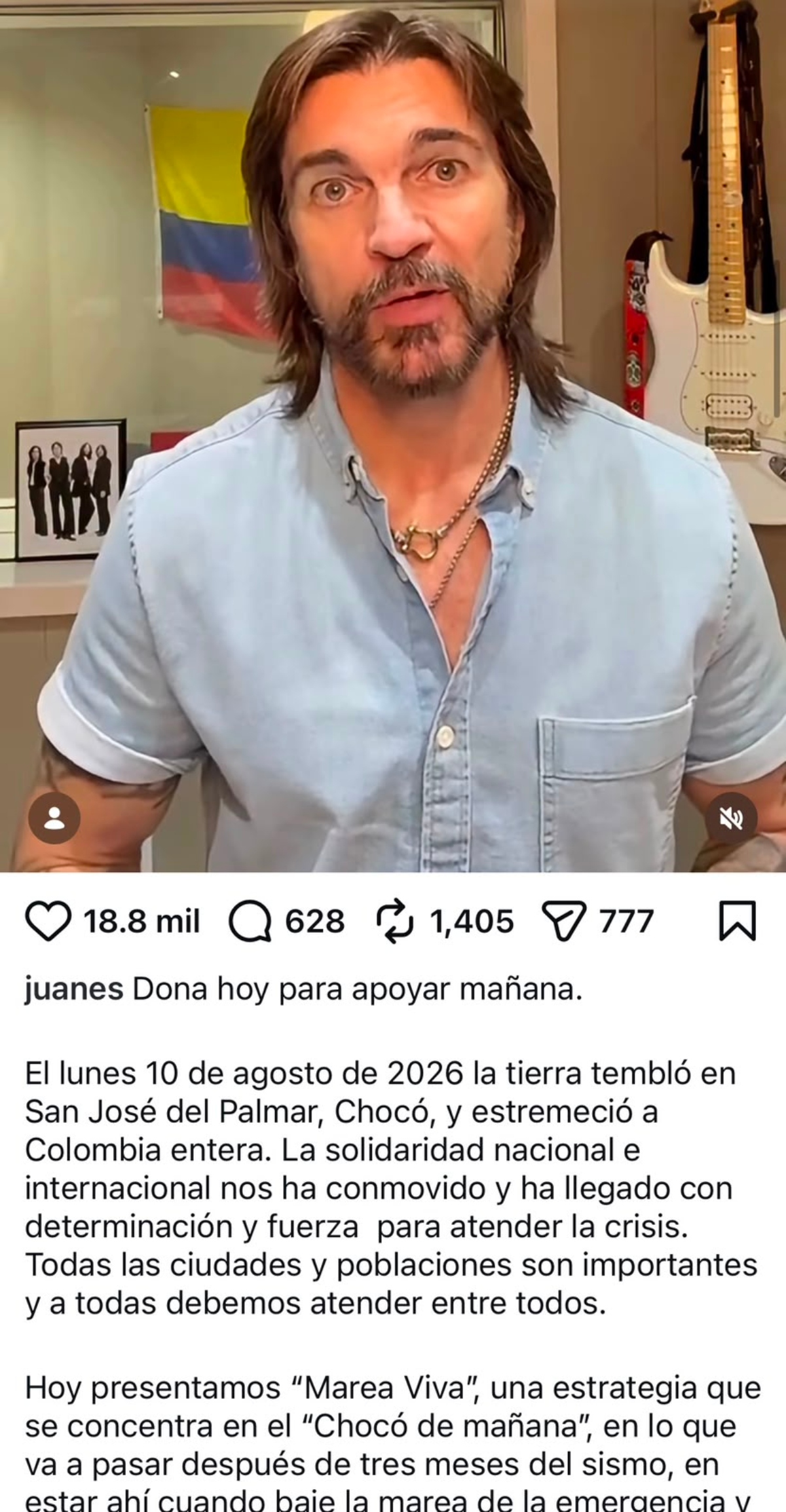 Juanes campaña 'Marea Viva por el Chocó de mañana' víctimas terremoto Colombia