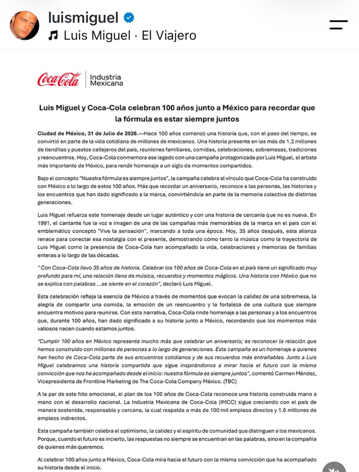 Luis Miguel sorprende al reaparecer para una campaña de refresco