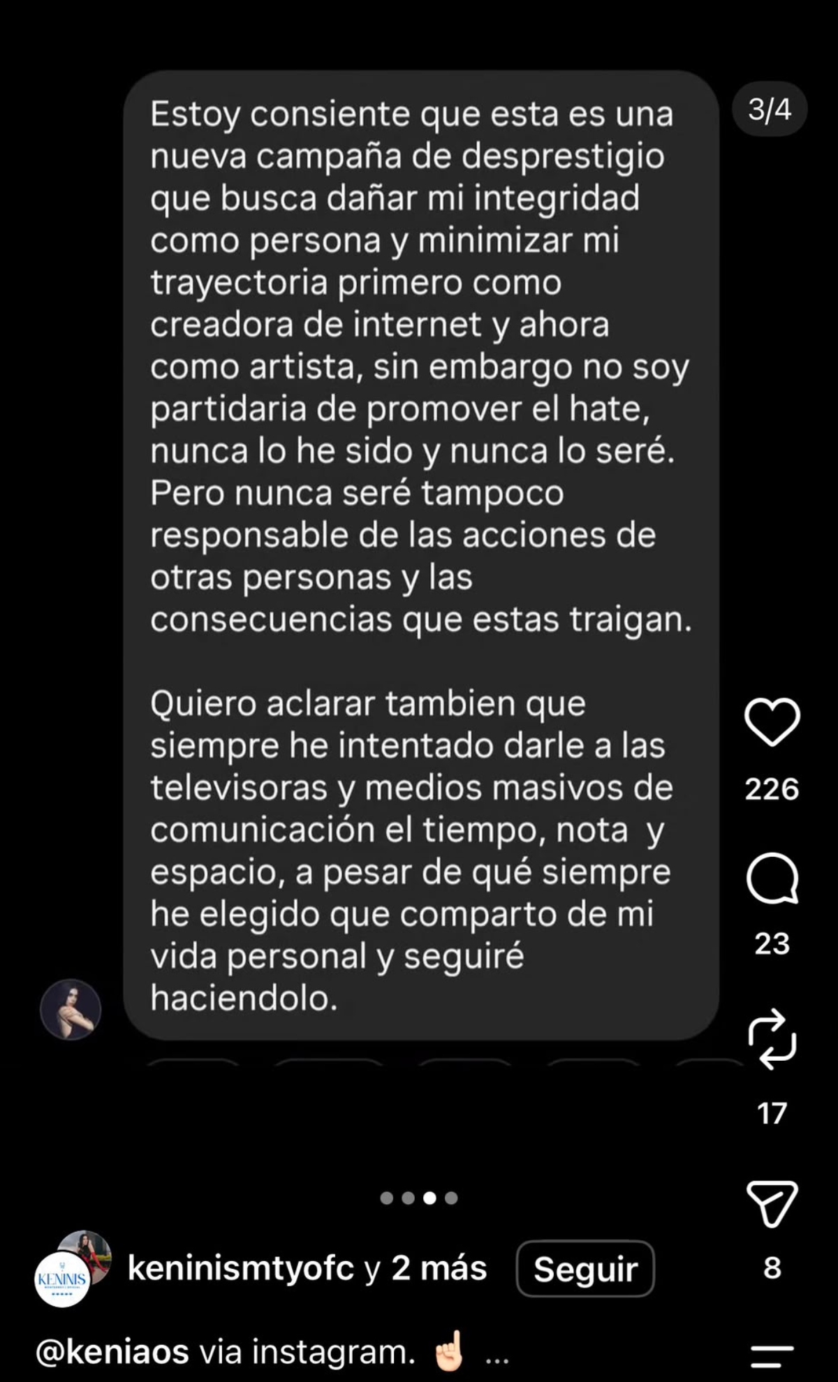 Kenia OS asegura que existe una campaña de desprestigio en su contra