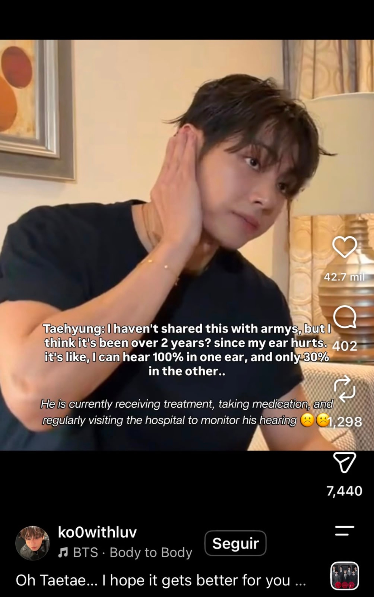 'V' líder de 'BTS' revela fuerte problema de salud