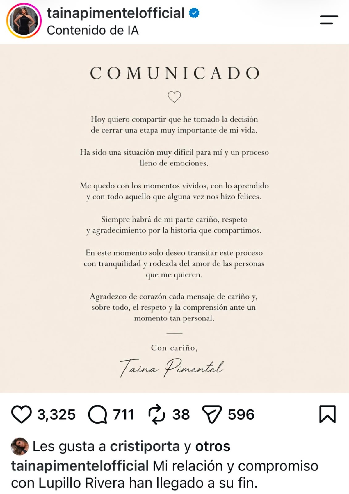 Taina Pimentel confirma su ruptura con Lupillo Rivera