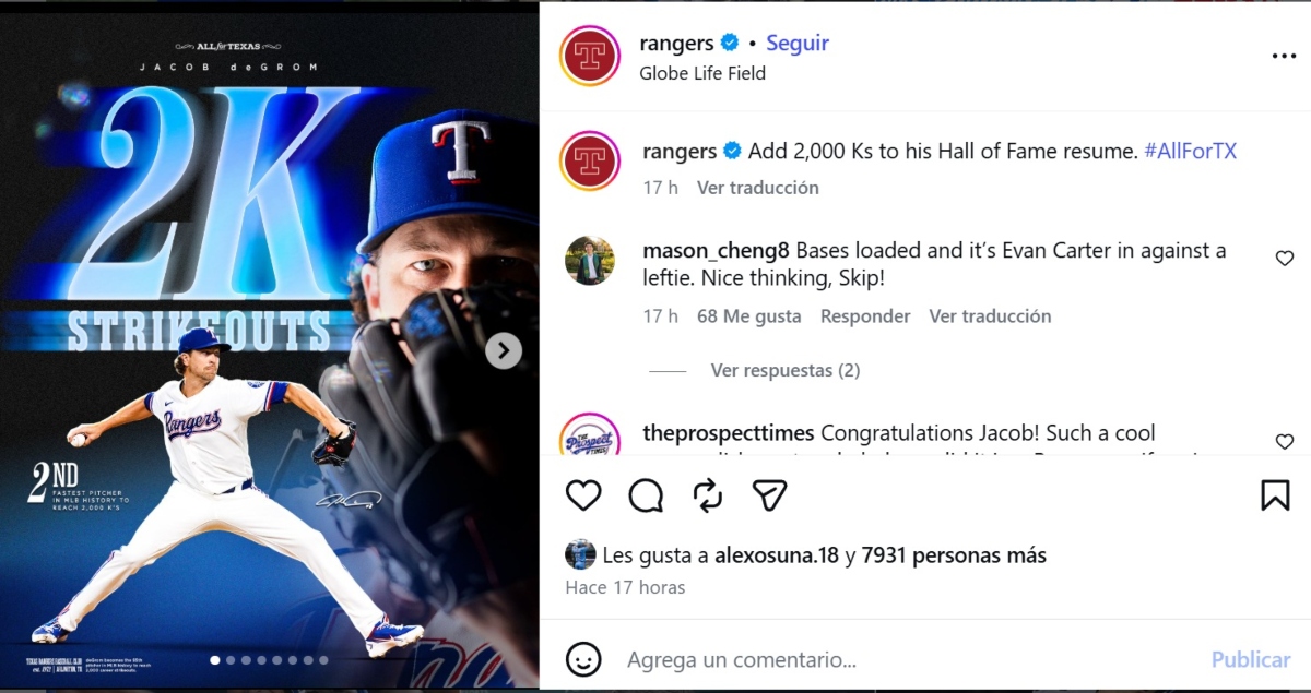 Jacob deGrom alcanza los 2000 ponches