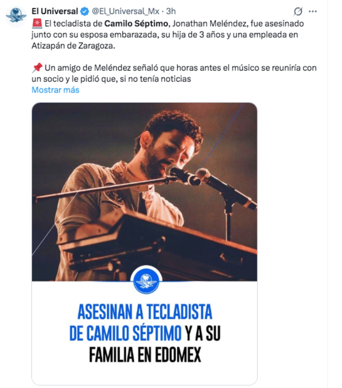 Le quitan la vida a Jonathan Meléndez, fundador de la banda Camilo Séptimo