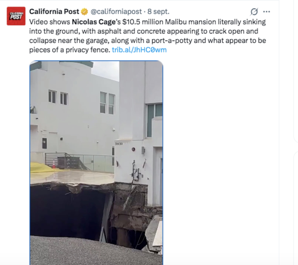 Evacuan zona donde vive el actor Nicolas Cage por un gran socavón