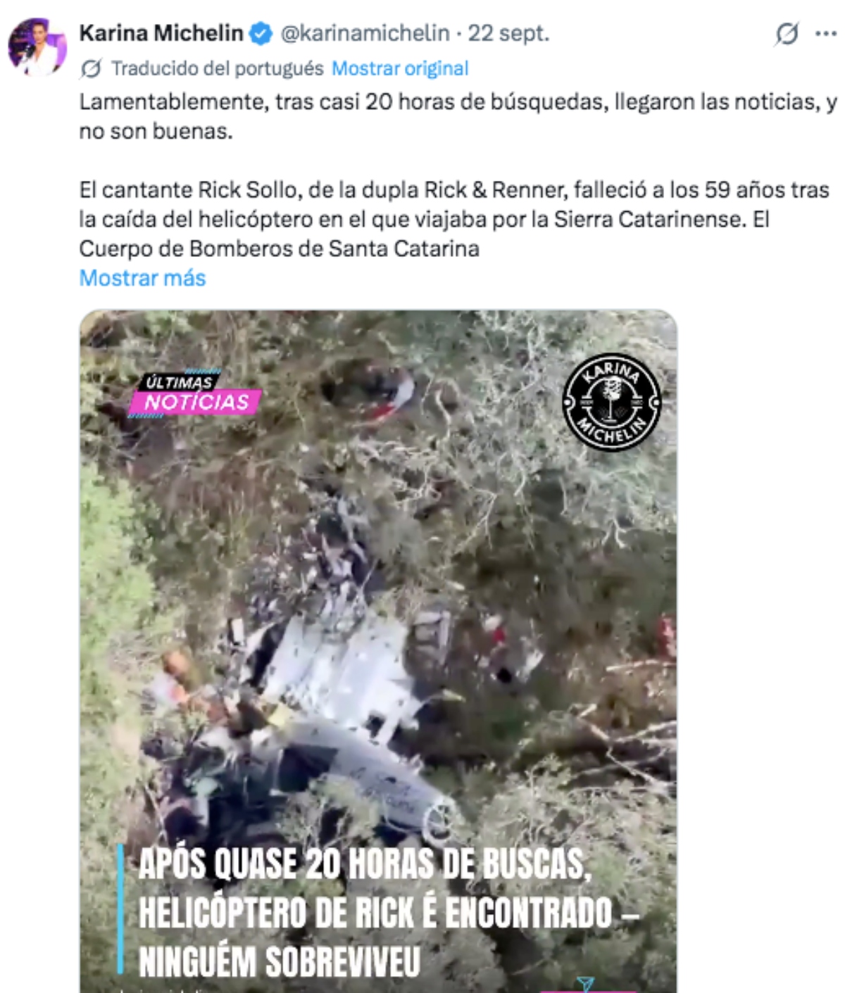 Muere en un accidente de helicóptero el cantante Rick Sollo