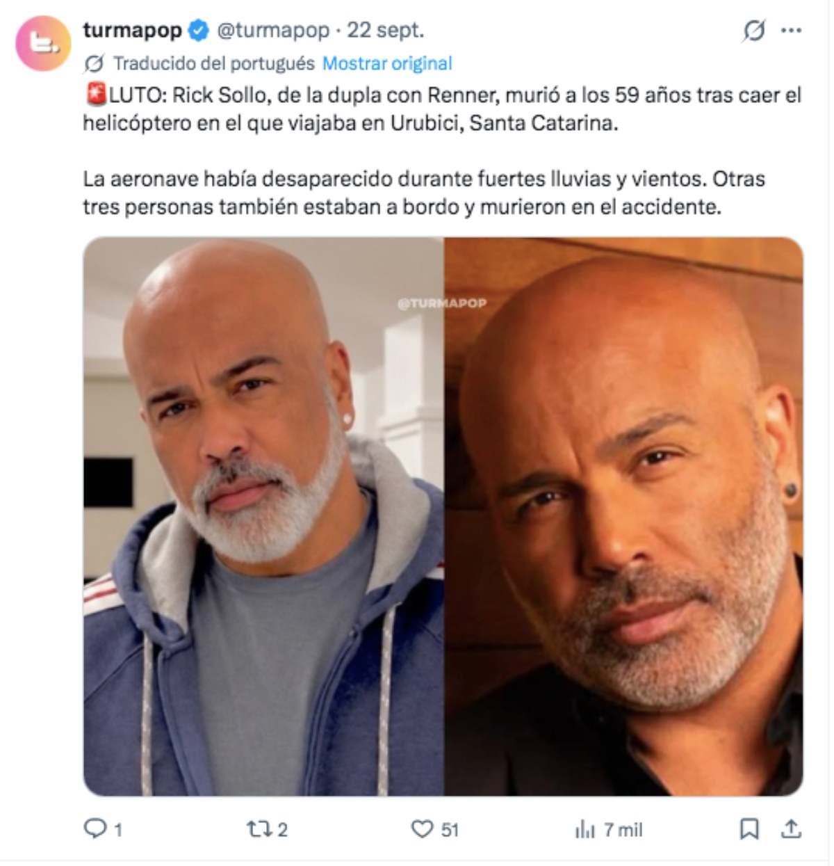 Muere en un accidente de helicóptero el cantante Rick Sollo