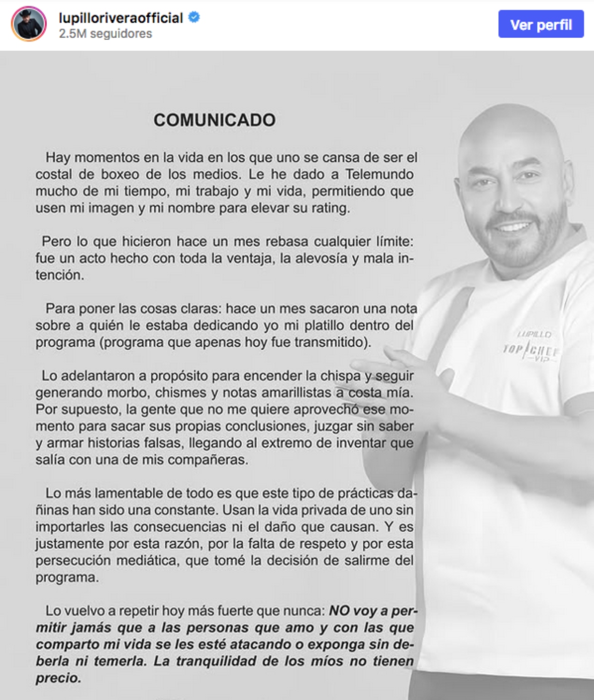 Lupillo Rivera decide abandonar Top Chef VIP
