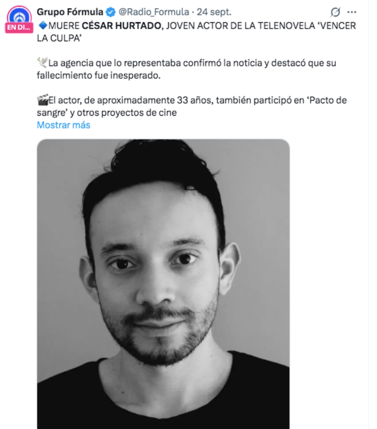 Muere a los 33 años el actor César Raziel Hurtado de 'Pacto de Sangre' y 'Vencer la Culpa'