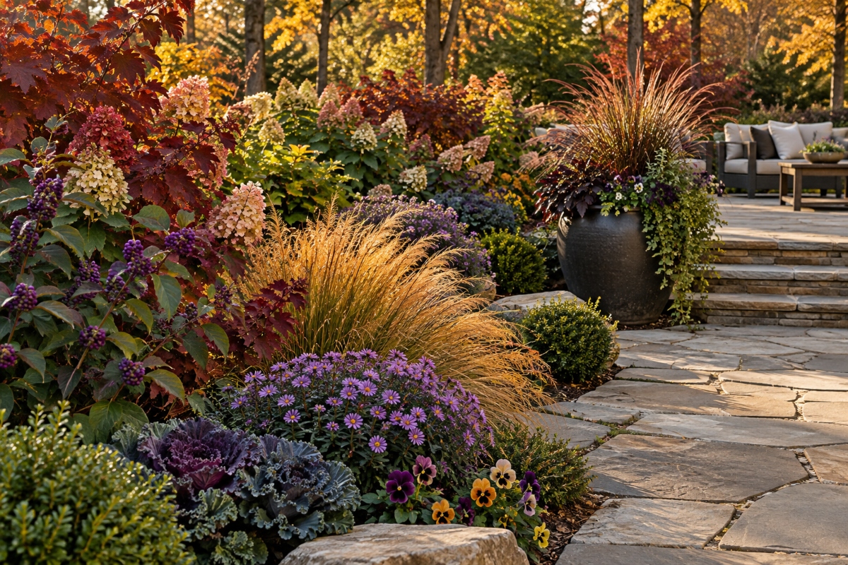 Elegant Plants for Fall, Plants for Fall, Plants, Fall, New Wave, An Elegant Fall Garden with Hydrangeas, Ornamental Grasses, and Foliage in Shades of Gold and Red