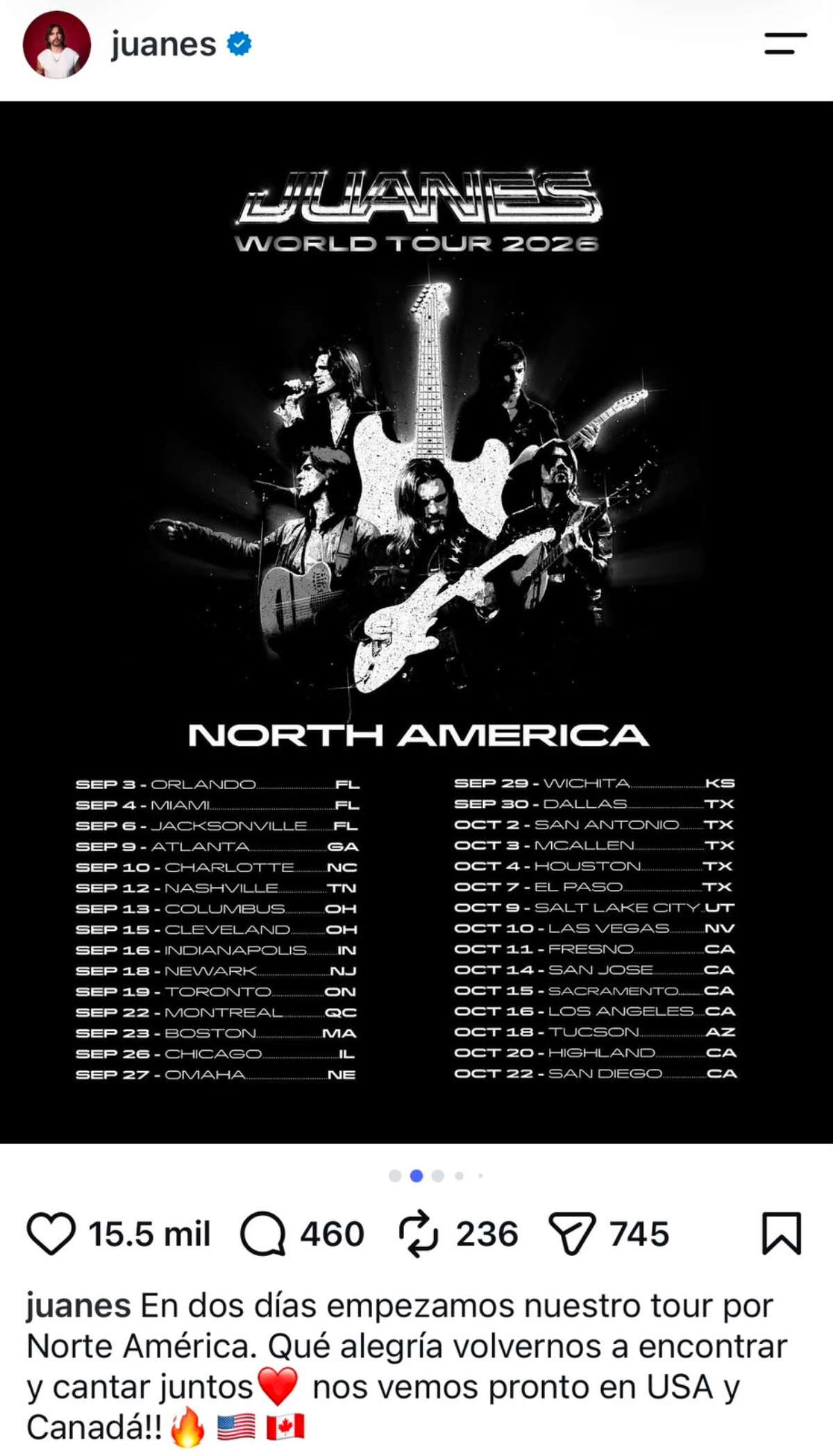 Juanes arranca su gira de conciertos por EEUU