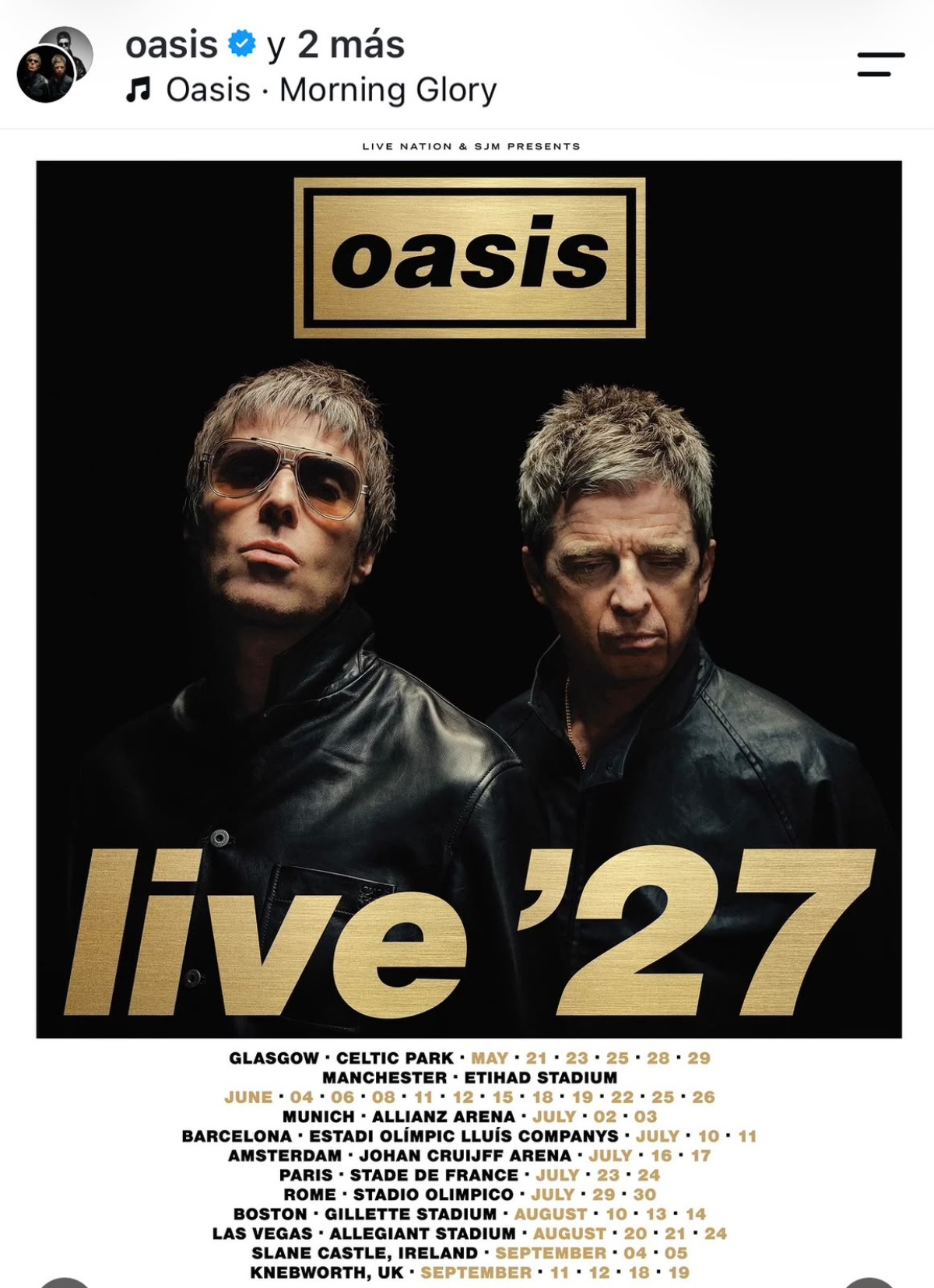 La banda Oasis anuncia su gira 'Oasis Live´27' con 38 conciertos