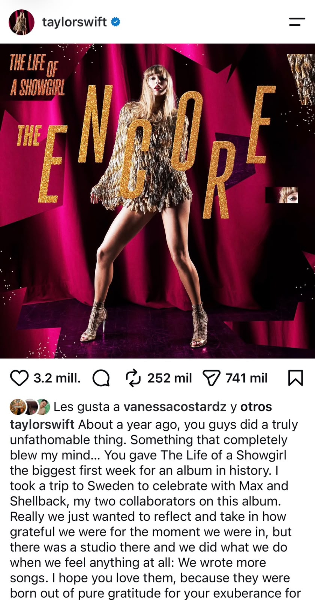 Taylor Swift anuncia nuevos temas disco 'The Life of a Showgirl'