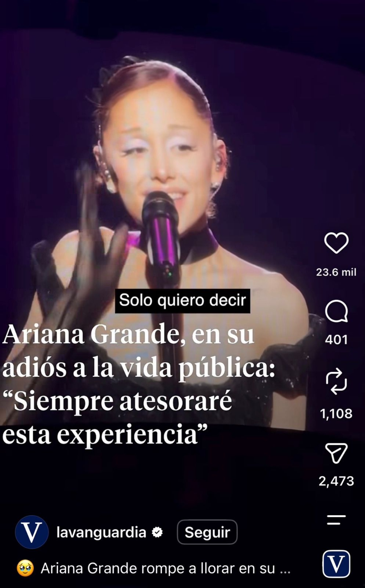 Ariana Grande se despide de sus fans entre lágrimas