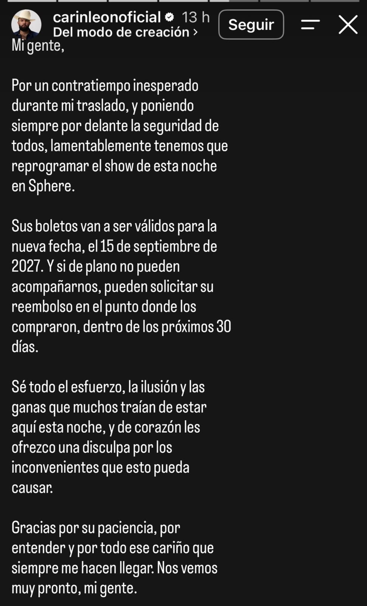 Carin León cancela show en 'La Esfera' de 'Las Vegas' y explica lo que sucedió 