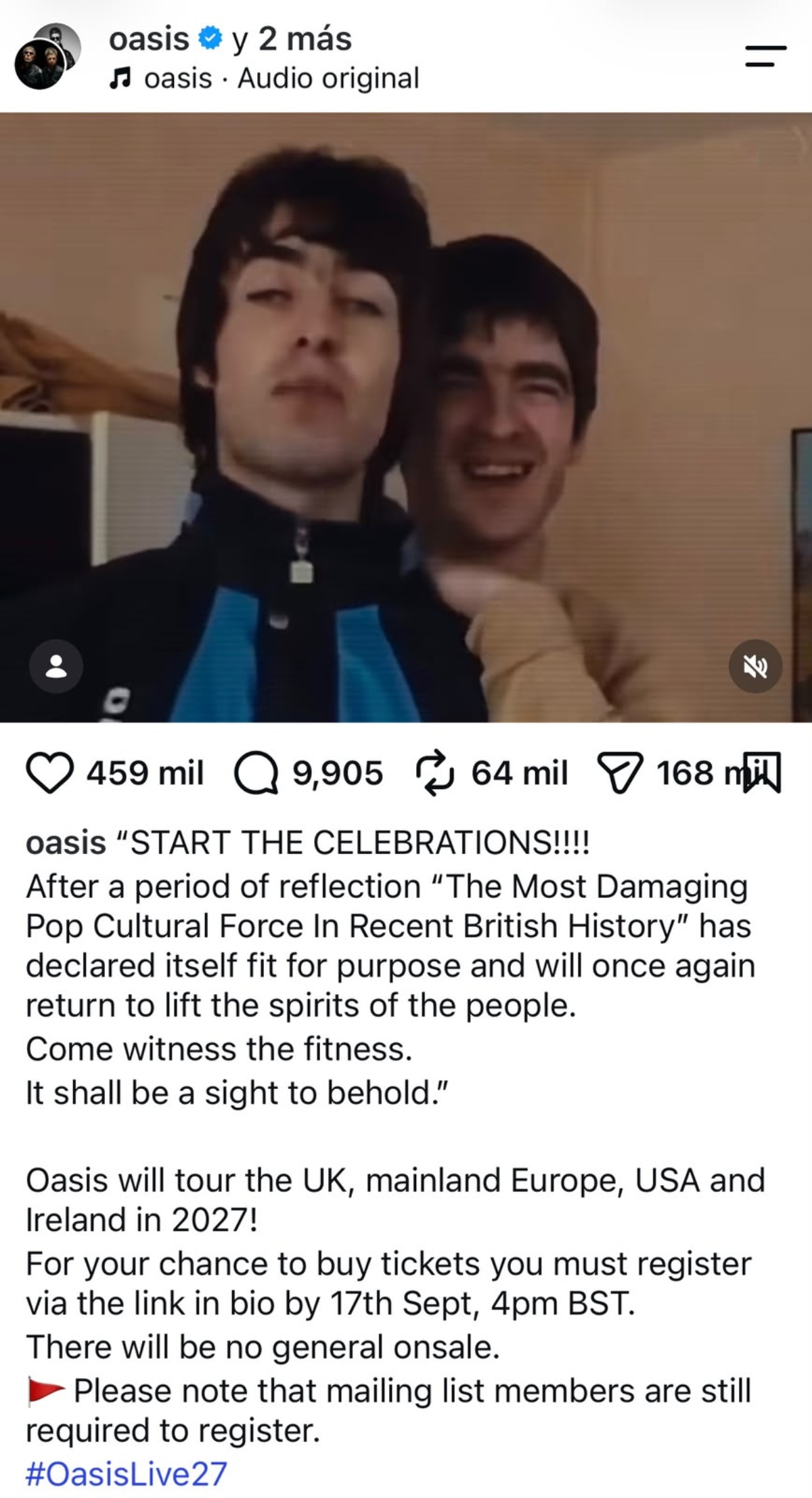 La banda Oasis anuncia su gira 'Oasis Live´27' con 38 conciertos