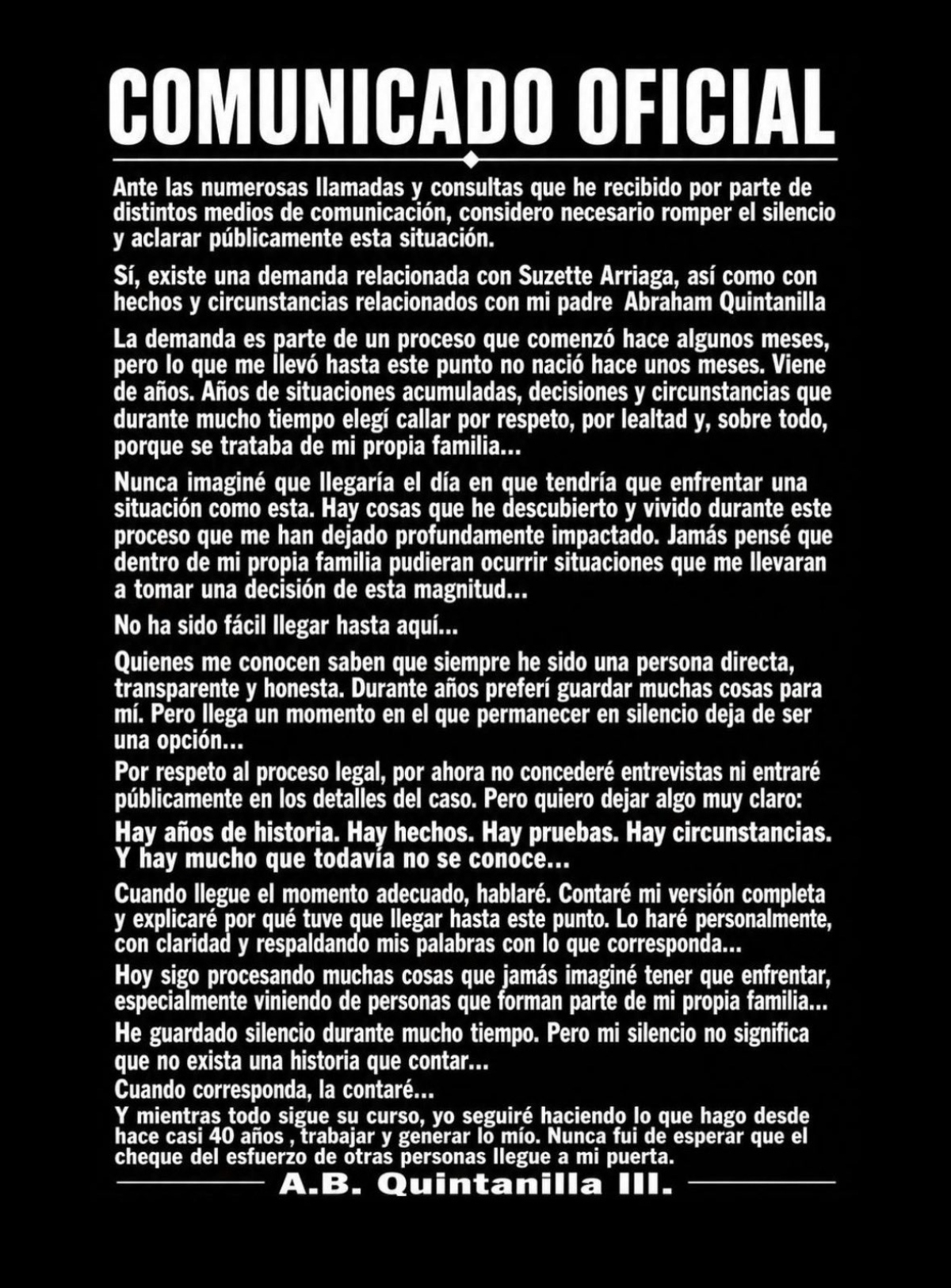 A.B. Quintanilla confirma demanda contra su hermana Suzette
