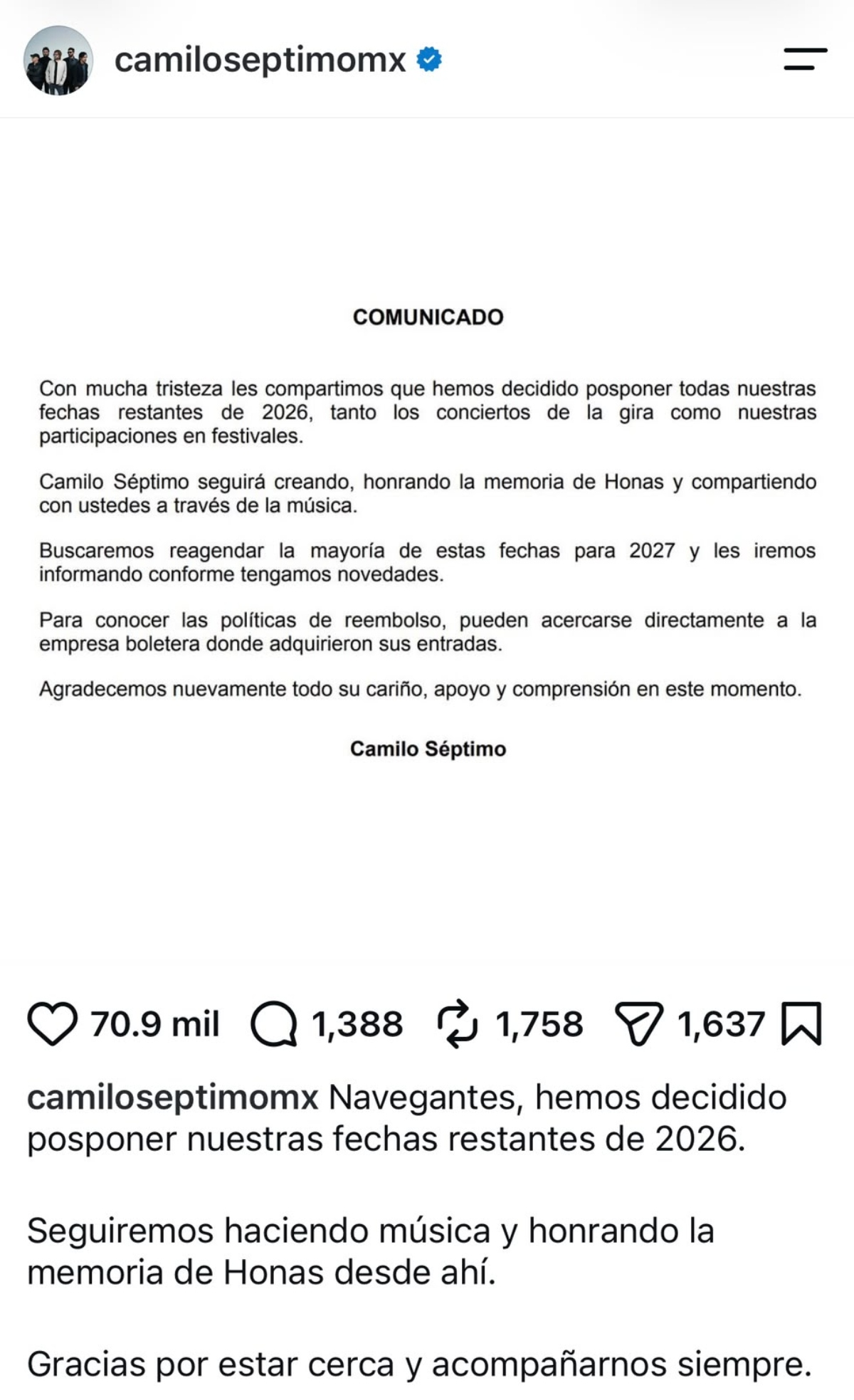 The band Camilo Séptimo has canceled all of its 2026 shows