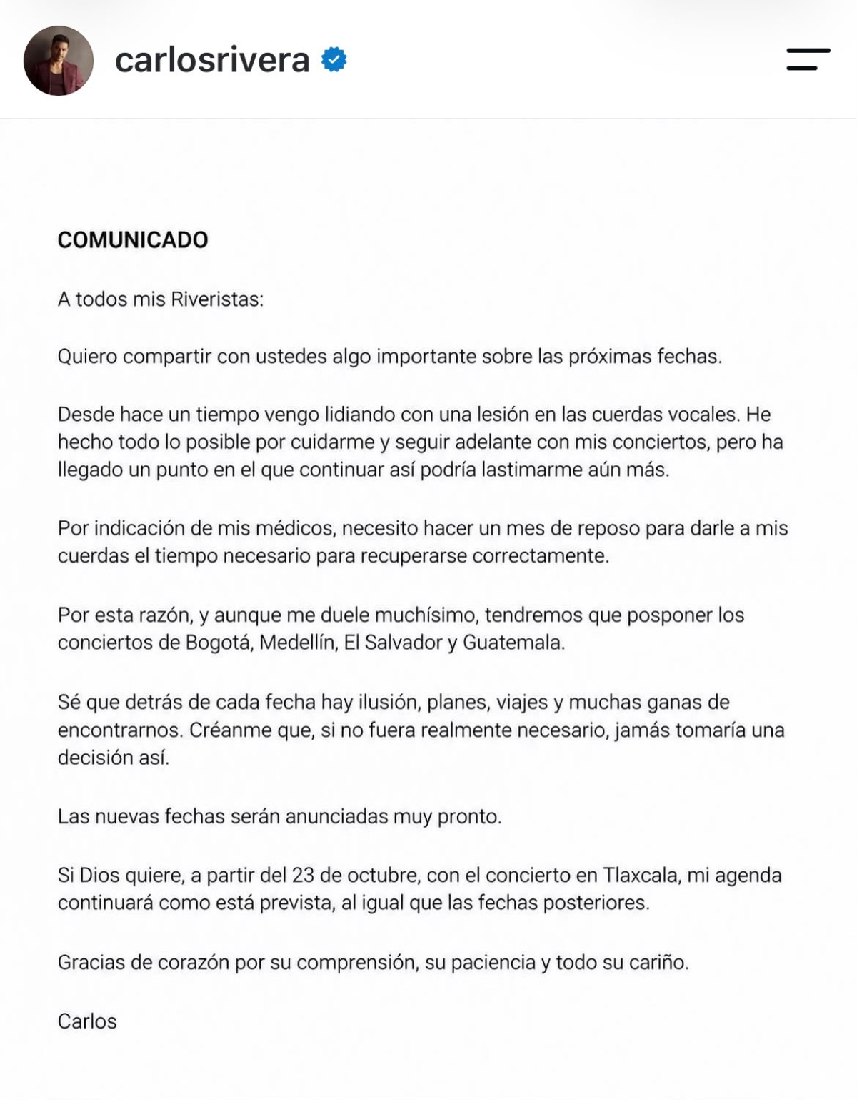 Carlos Rivera suspende sus shows por lesión en las cuerdas vocales