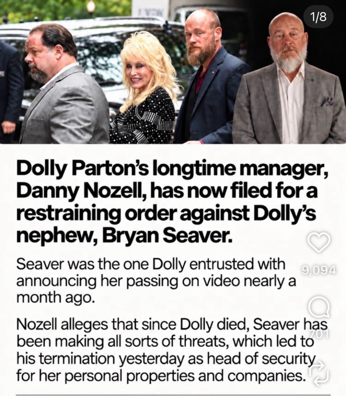 Dolly Parton's manager seeks a restraining order against the late singer's nephew