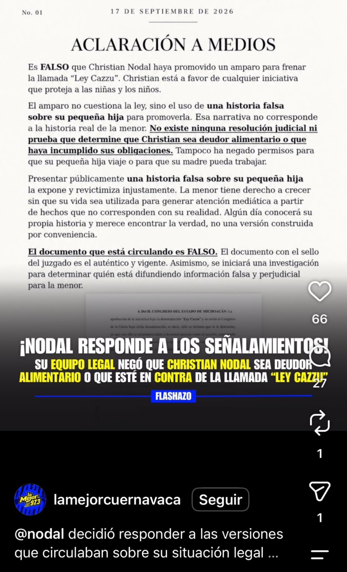Christian Nodal manda comunicado sobre postura 'Ley Cazzu'